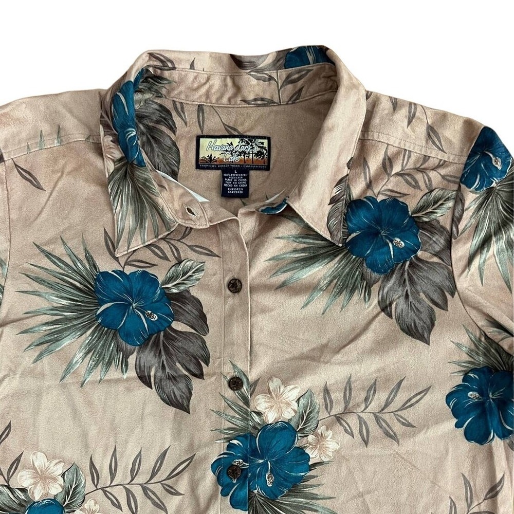 VTG Havana Jacks Cafe Floral Button Up Shirt Mens L Tan Blue Tropical Hibiscus